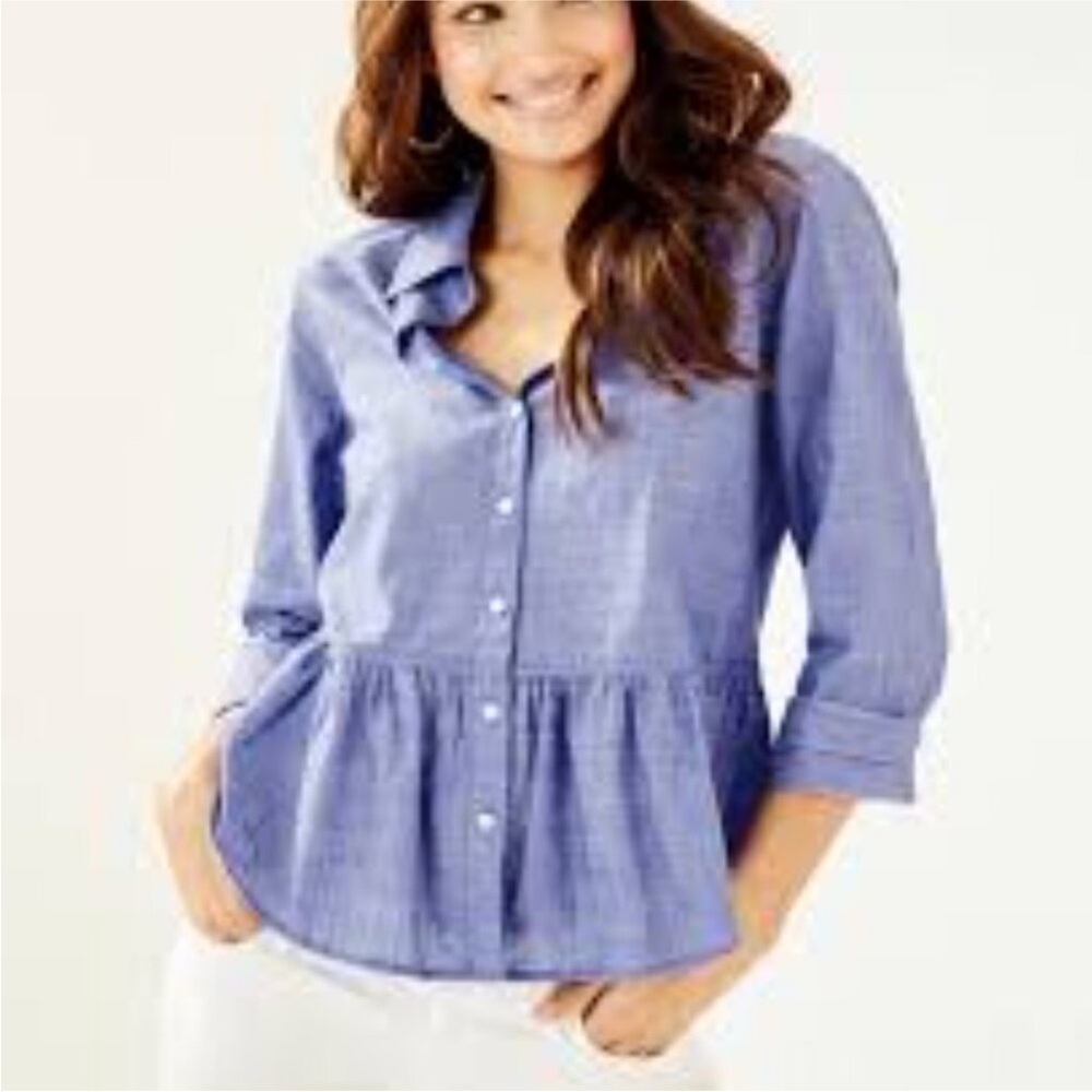 Lilly Pulitzer Carina Peplum Button Down Womens M Blue Haven long sleeve Top